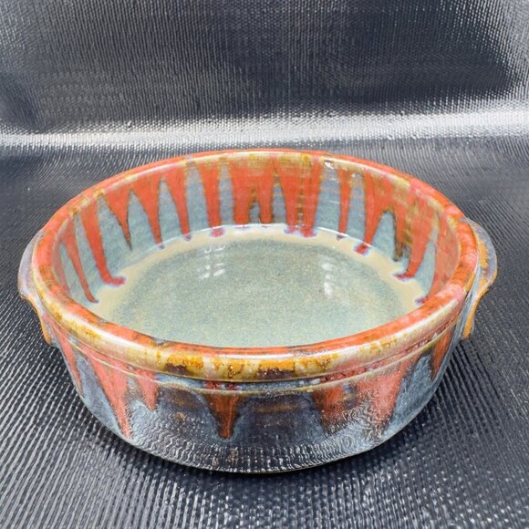 Beaver Creek Pottery Heavy Drip Glaze Dish Bowl With Handles Signed Stoneware - Picture 1 of 11